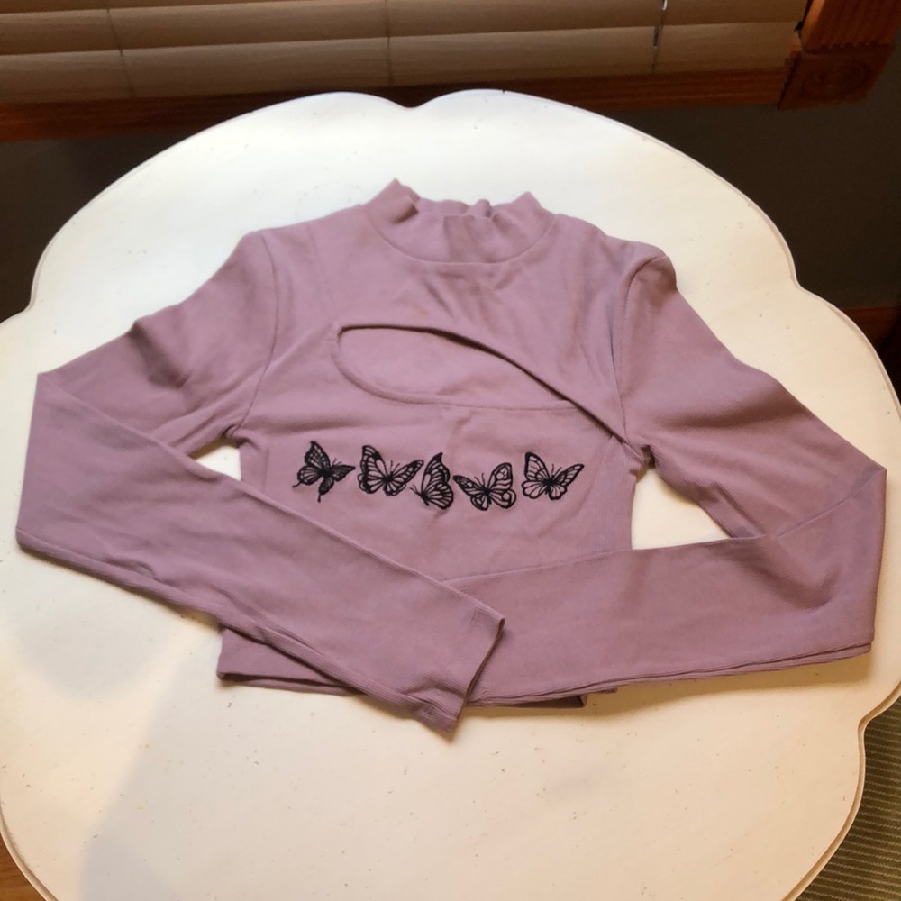 Urban outfitters cropped long sleeve keyhole butterfly detail top